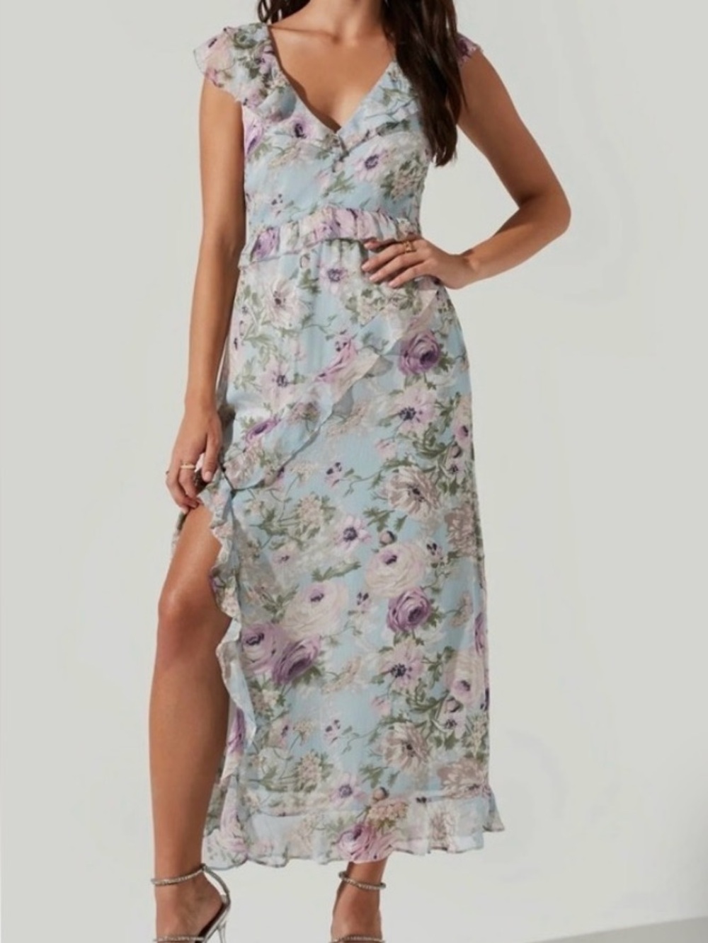 ASTR Pastel Floral Ruffle Midi Dress - Mint & Lavender